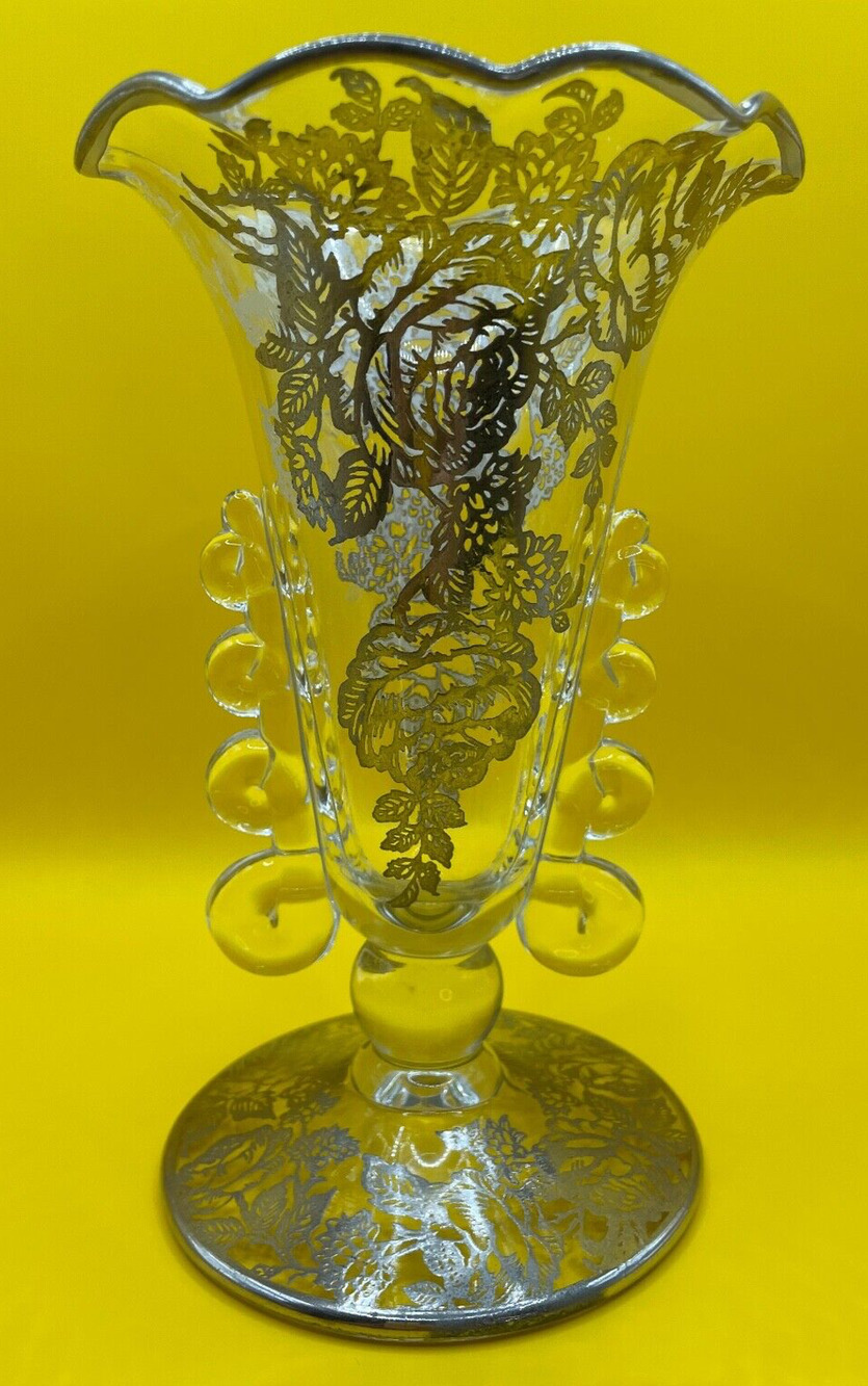 Vintage 1940s Heisey Glass Lariat Crimped Top Vase With Silver Overlay Roses